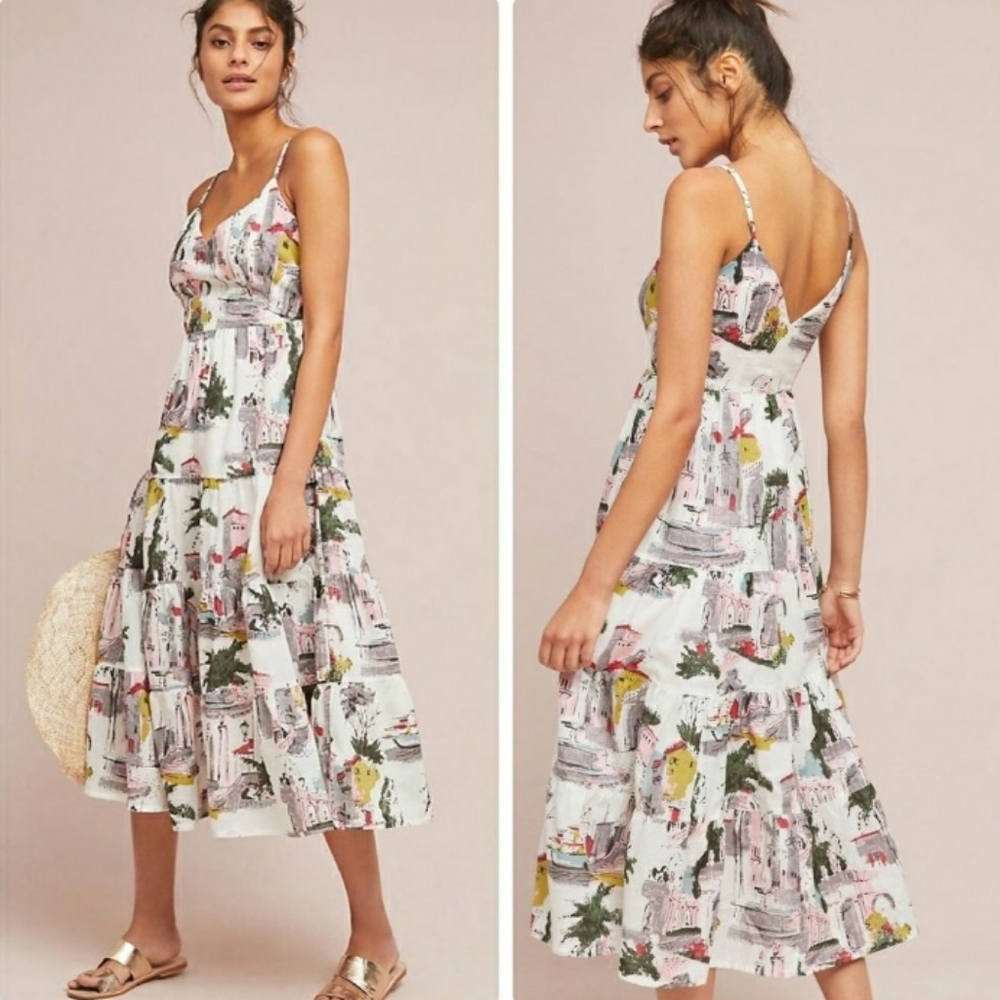 Anthropologie Lazybones Cityscape Toile Summer Cami Midi Dress SZ XS